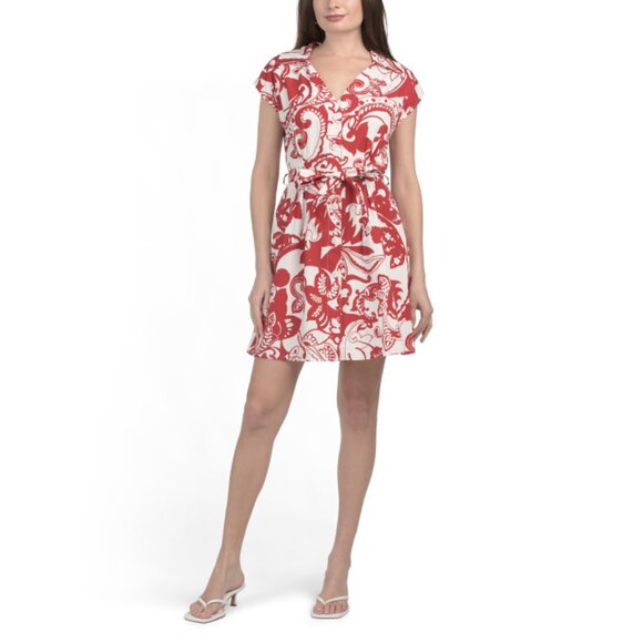 MAGARI Red/white Made In Italy Short Sleeve Mixed Print Mini Dress